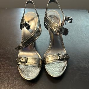 Lauren by Ralph Lauren Sliver Snake Skin Strap Heels.
